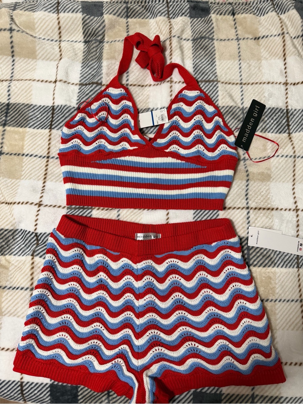 Madden Girl Red, Light Blue & White Wavy Knit Halter Crop Top and Shorts- XL